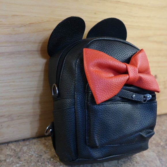 Minnie Mouse Style Mini Back Pack Purse Faux Leather Black with Red Bow Cute - Picture 4 of 12